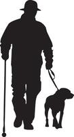 Black Silhouette of Blind Man Walking with Cane and Guide Dog Icon vector