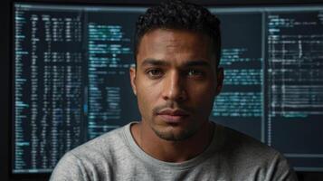 A dark skinned man in front of a computer screen photo