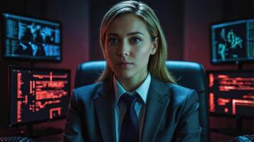 businesswoman looking at camera while sitting in front of computer monitors photo