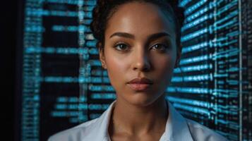 female scientist looking at camera in futuristic server room photo