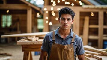 Young carpenter standing in his workshop and looking at camera. photo