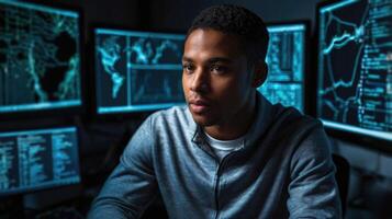 serious young african american hacker sitting in front of computer screens. photo