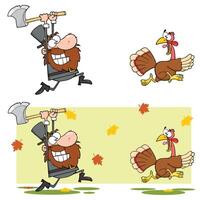Angry Pilgrim Man Chasing With Axe A Turkey. Collection Set vector