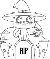 Outlined Cute Halloween Witch Cat Cartoon Character Sitting On Tombstone In A Graveyard vector