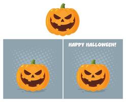 Evil Halloween Pumpkin Cartoon Emoji Face Character With Expression. Collection With Background vector