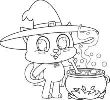 Outlined Cute Halloween Witch Cat Cartoon Character Preparing A Potion In A Cauldron vector