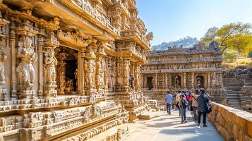Tourists Exploring Majestic Temple with Intricate Designs photo