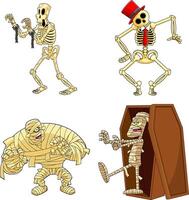 Halloween Cartoon Characters Skeleton And Mummy. Collection Set vector