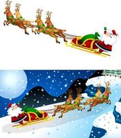 Happy Santa Claus Cartoon Character A Reindeers Flying In A Sleigh. Flat Design Collection Set vector