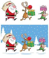 Santa Claus,Reindeer And Elf Running In Christmas Night. Collection Set vector
