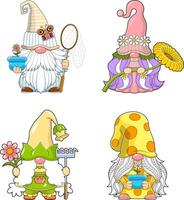 Cute Spring Gnomes Cartoon Characters In Different Poses. Hand Drawn Collection Set vector