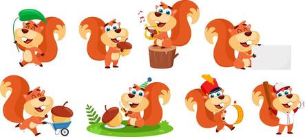 Cute Squirrel Cartoon Character In Different Poses. Flat Design Collection Set vector