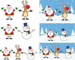 Santa Claus, Reindeer, And Snowman Cartoon Characters. Collection Set vector