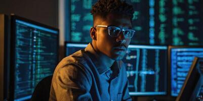 Focused african american programmer in eyeglasses working on computer in dark office photo