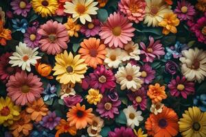 A vibrant arrangement of colorful flowers in various shapes and sizes on a dark background photo