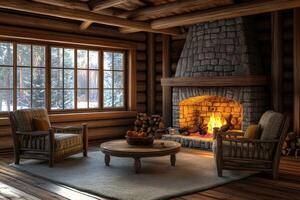 Cozy log cabin interior with a stone fireplace and winter scenery outside the window photo