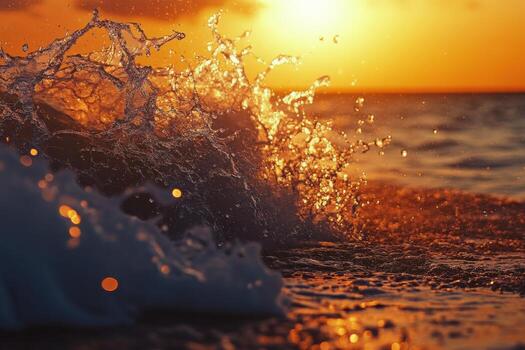Golden sunset over the ocean with waves crashing against the shore, creating a shimmering effect on the water photo