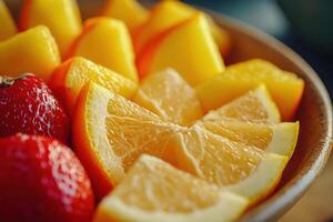 Freshly sliced citrus and strawberries in a bowl at a sunny kitchen table photo