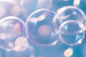 Colorful soap bubbles floating in the air with soft sunlight highlighting their translucent forms photo
