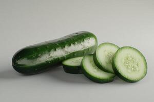 Fresh green cucumber laid next to perfectly sliced cucumber rounds on a clean white background in natural light photo