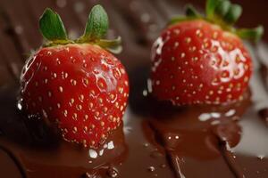 Fresh strawberries dipped in rich chocolate on a smooth surface at a dessert setting photo