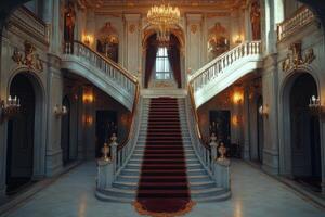 Grand staircase in an opulent mansion with chandeliers, ornate decorations, and natural light illuminating the entry hall photo