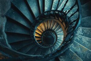 Spiral staircase viewed from above, showcasing elegant design and rustic ambiance in dim lighting photo