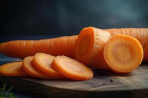 Freshly sliced carrots displayed on a wooden board with whole carrots in the background in a softly lit kitchen setting photo