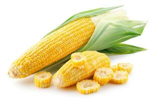 Freshly harvested corn on the cob with sliced kernels displayed against a white background in a well-lit setting photo