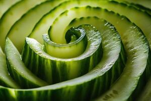 Spiral sliced cucumber arranged in a decorative pattern on a white background, showcasing vibrant green colors and fresh texture photo