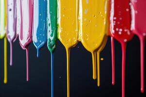 Colorful paints dripping from artist palette in vibrant display against a dark background photo