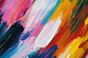 Colorful abstract painting with vibrant brush strokes in a dynamic blend of hues captured in a close-up view photo