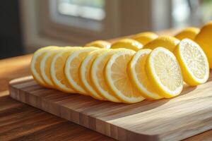 Freshly sliced lemons arranged neatly on a wooden cutting board in bright natural light photo