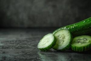 Freshly sliced cucumber resting on a dark kitchen countertop with a subtle background, showcasing its vibrant color and texture photo