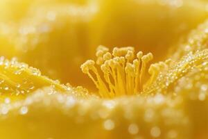 Close-up view of a vibrant yellow flower with dew drops in a garden during a sunny morning photo