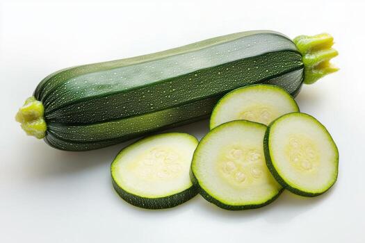 Freshly sliced zucchini resting beside a whole zucchini on a clean white countertop in a bright kitchen setting photo
