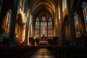 Sunlight illuminates the altar inside a historic cathedral featuring vibrant stained glass windows during early morning hours photo