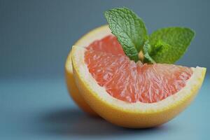 Freshly cut grapefruit with mint leaves placed on a blue background for a vibrant summer look photo