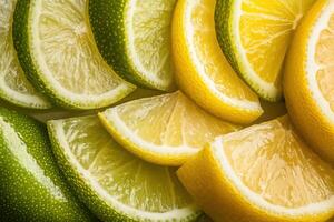 Freshly sliced lemons and limes arranged artistically on a light background photo