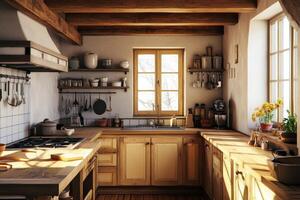 Cozy rustic kitchen with wooden beams, natural light, and cheerful flowers on the windowsill photo