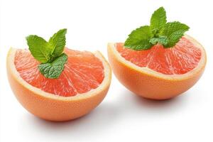 Fresh pink grapefruit halves garnished with mint leaves on a white background photo