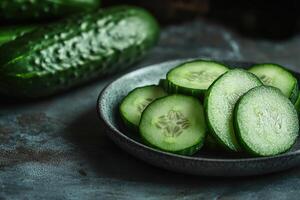 Freshly sliced cucumbers on a round dark plate with whole cucumbers in the background on a textured surface photo