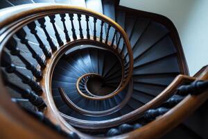 Elegant spiral staircase showcasing a wooden handrail and dark steps in a well-lit interior space photo