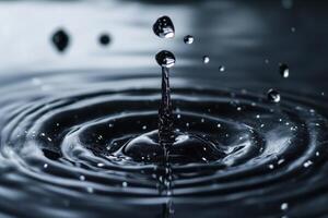 Droplet creating concentric ripples in black water at close range during daylight photo
