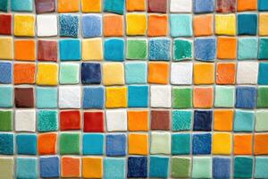 Colorful mosaic tile arrangement on a wall showcasing a vibrant design in natural light photo