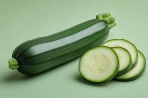 Fresh green zucchini on a light background with sliced pieces showcasing its texture and color photo
