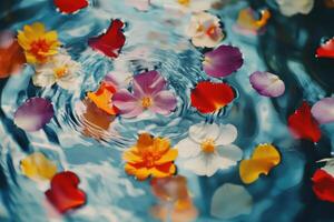 Vibrant flower petals floating on calm water create a serene and colorful natural display photo