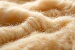 Soft, golden fibers of natural wool spread across a surface capturing warm light in a cozy setting photo