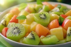 Fresh tropical fruit salad served in a bowl with mint garnish during a summer gathering photo