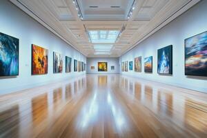 Art exhibition showcasing vibrant abstract paintings in a well-lit gallery with polished wooden floors during the daytime photo